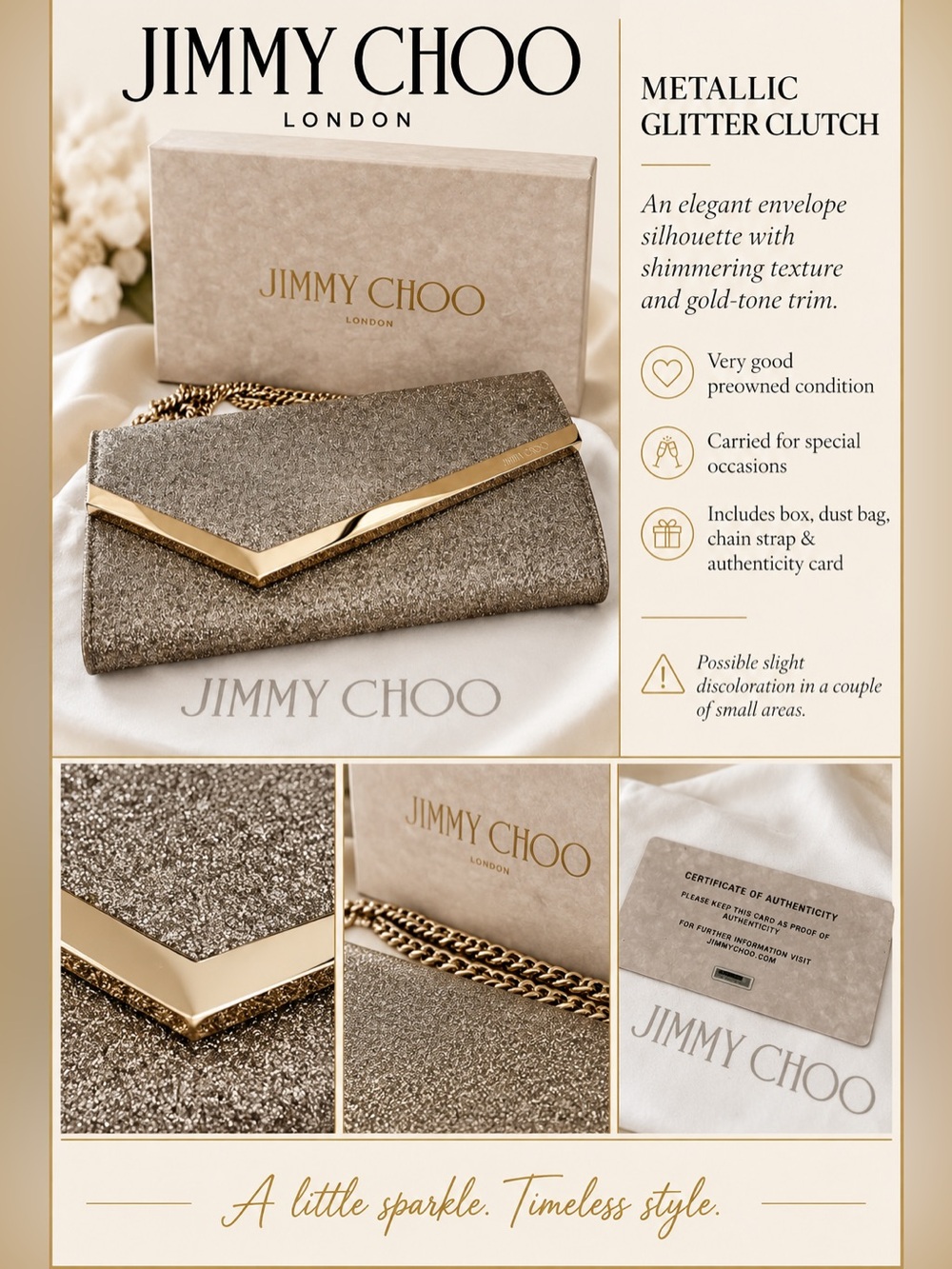 Jimmy Choo Metallic Glitter Envelope Clutch Gold-Tone Chain & Box